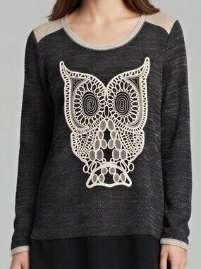 Avenue Owl Sweater Size 18/20 Women's Plus Charcoal Gray Cream Black